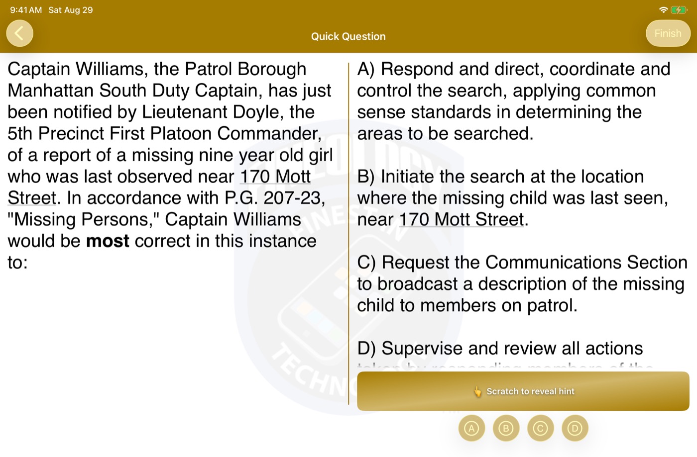 The Captain app on iPad in landscape, question stem beside the four choices