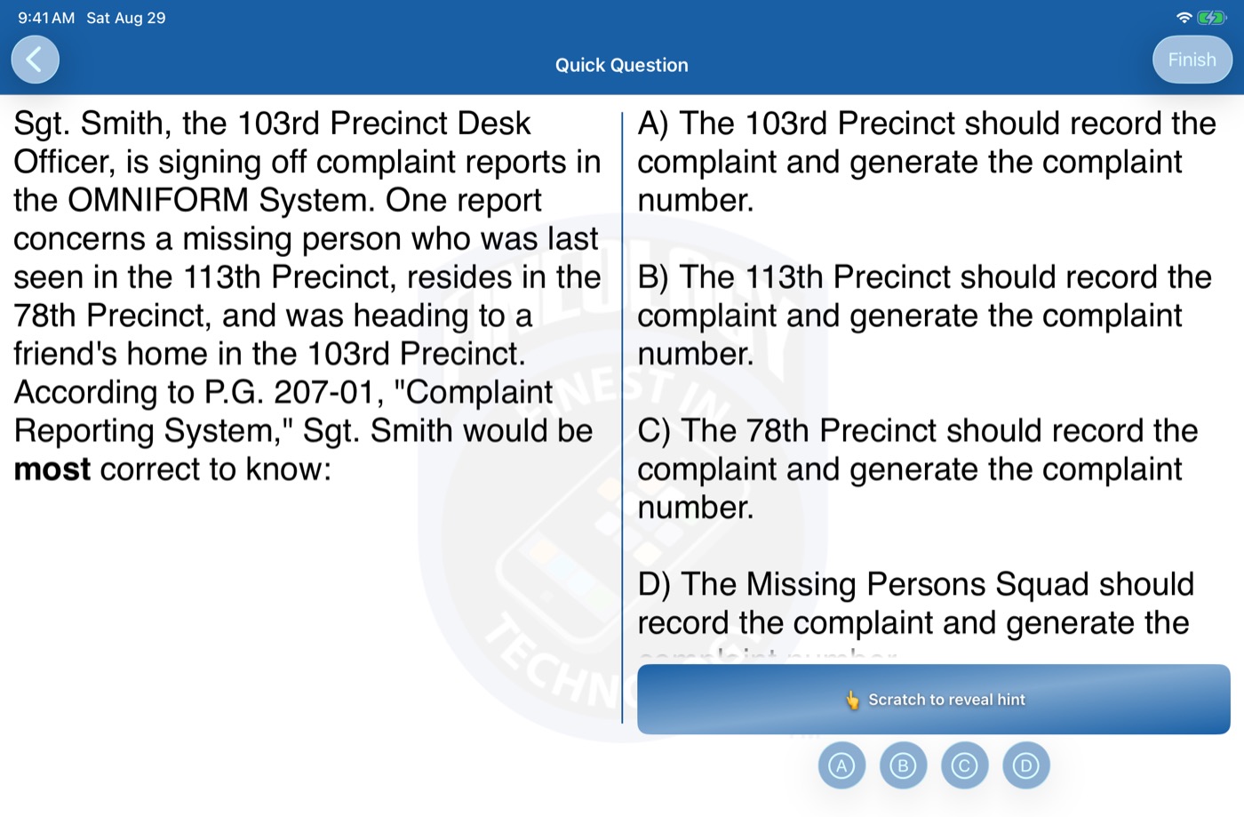 The Sergeant app on iPad in landscape, question stem beside the four choices