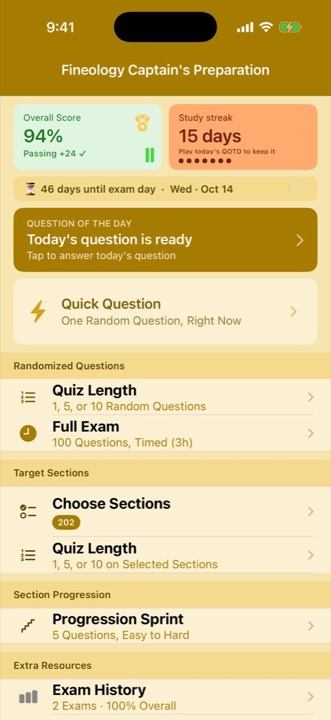 The Fineology home screen showing the free Question of the Day and a study streak